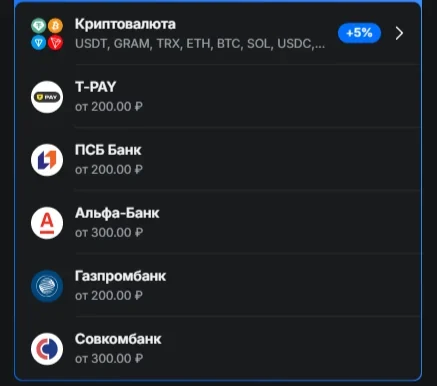 Методы пополнения в кассе JetTon: криптовалюта с меткой +5%, T-PAY и банки