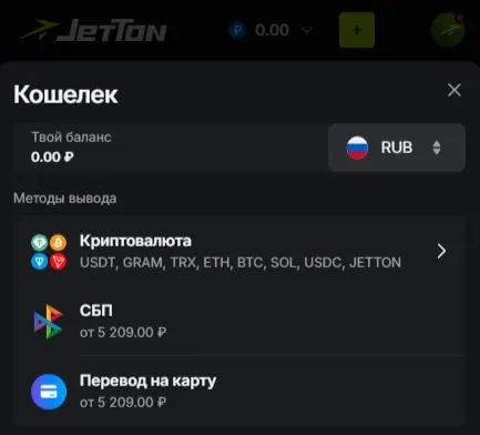 Окно «Кошелёк» в JetTon с методами вывода и балансом в рублях